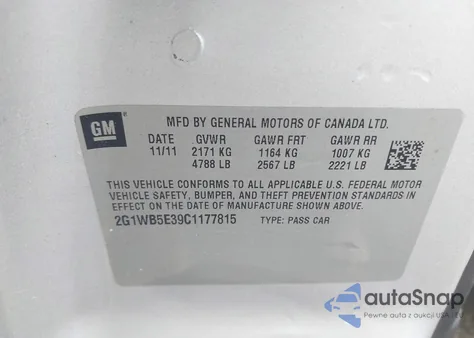 2012 Chevrolet Impala Lt z USA, uszkodzony, nr VIN 2G1WB5E39C1177815